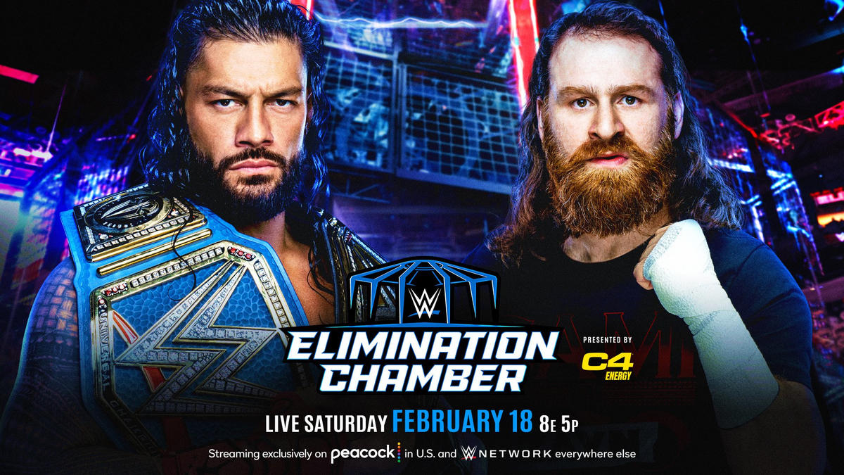 Elimination Chamber WWE pay-per-view event. Sami Zayn challenges Roman Reigns